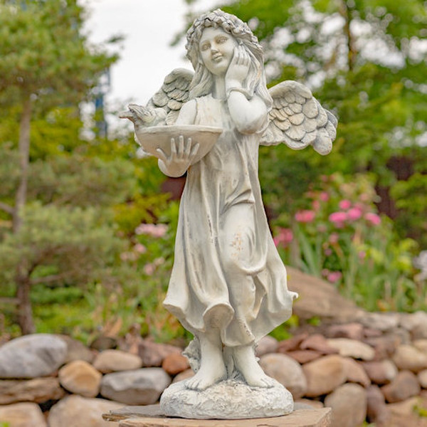Angel with Dish Statue Antique White 39" H